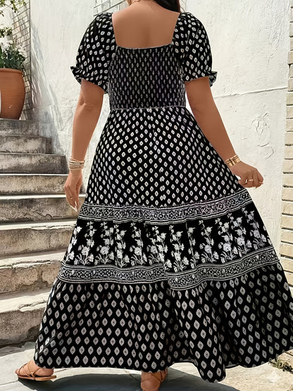Plus Size - 1pc Spring Summer Mother'S Day Plus Size Women Elegant Bohemian Maxi Dress - Square Neck Puff Sleeve Smocked Bodice Floral Geometric Print Tiered Long Skirt Sophisticated Graceful Style For Vacation Beach Party Wear