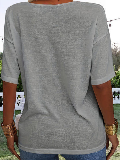 Women Fashion V-neck Half Sleeve T-shirt, Solid Color Casual Loose Basic Top
