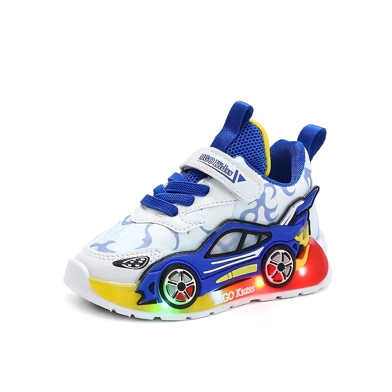 New Cartoon Car LED Light-Up Kids Sports Shoes, Non-Slip PVC Sole, All-Season Athletic Casual Shoes for Boys And Girls Ages 3-6.