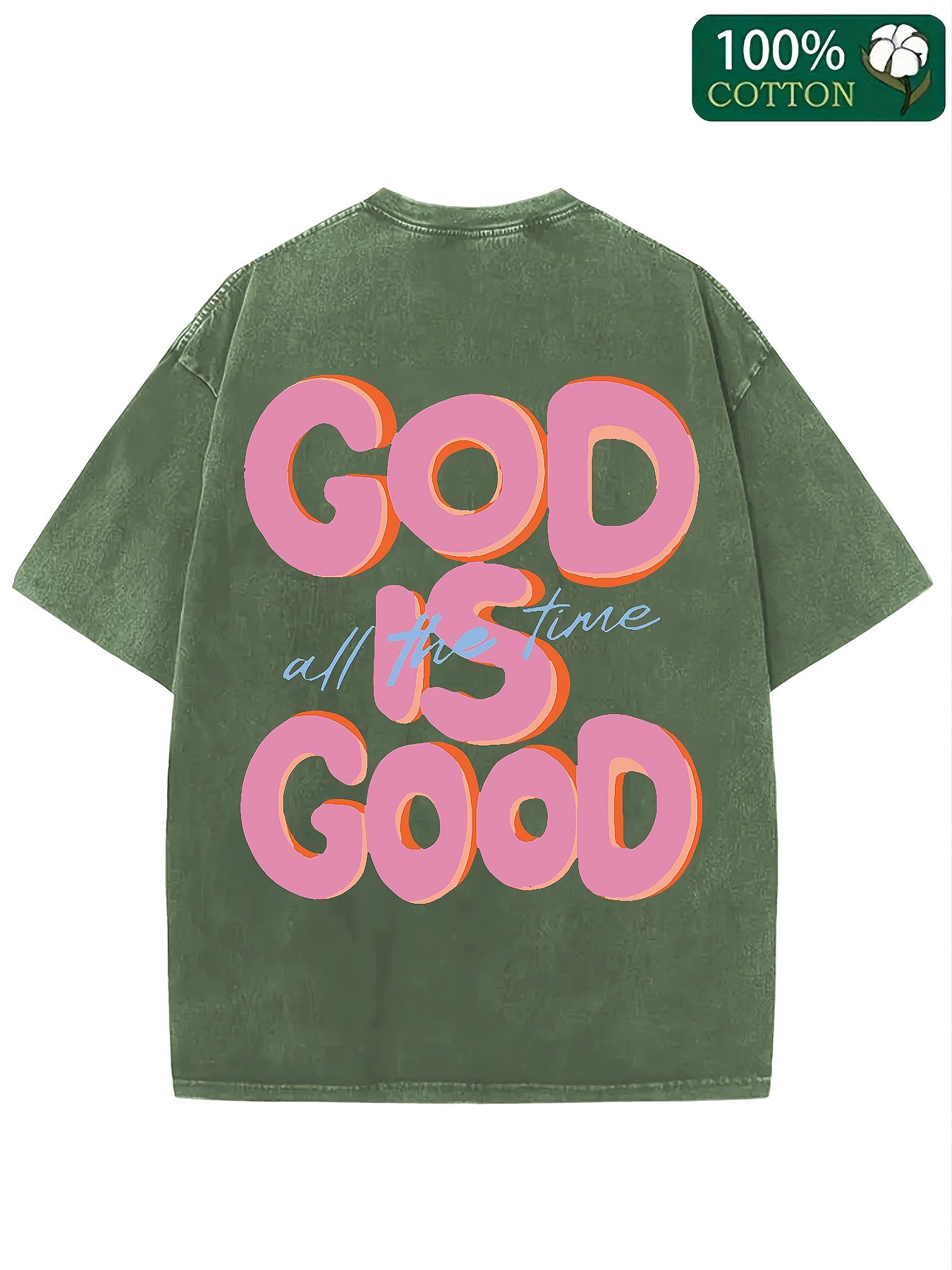 A 250G Washed Short-Sleeve Top with a Round Neck Featuring The Phrase 'GOD IS GOOD', Showcasing a Unique Double-Sided Design. This Is a New Collection for Spring And Summer Suitable for Both Men And Women