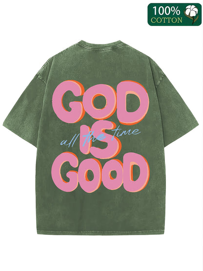 A 250G Washed Short-Sleeve Top with a Round Neck Featuring The Phrase 'GOD IS GOOD', Showcasing a Unique Double-Sided Design. This Is a New Collection for Spring And Summer Suitable for Both Men And Women