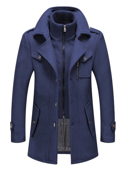 Men's Stand Collar Fleece Blend Pea Coats with Removable Inner Collar Single Breasted Overcoat