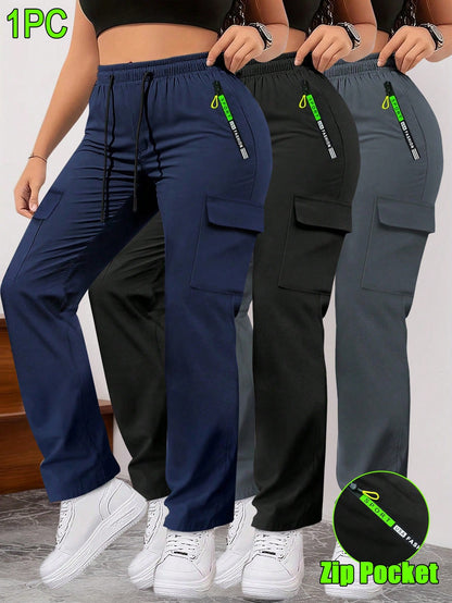Women'S Spring/Autumn Zipper Pocket Cargo Pants, Fashionable Large Pocket Design, Drawstring Elastic Waist, Casual Outdoor/Daily Wear Slim Fit Trousers