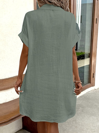 Women's 100% V-Neck Short Sleeve A-Line Dress - Button-Front Blouse Dress, Soft Breathable Casual to Semi-Formal Wear, Machine Washable All-Season Outfit (No) - Pure Shirt Dress