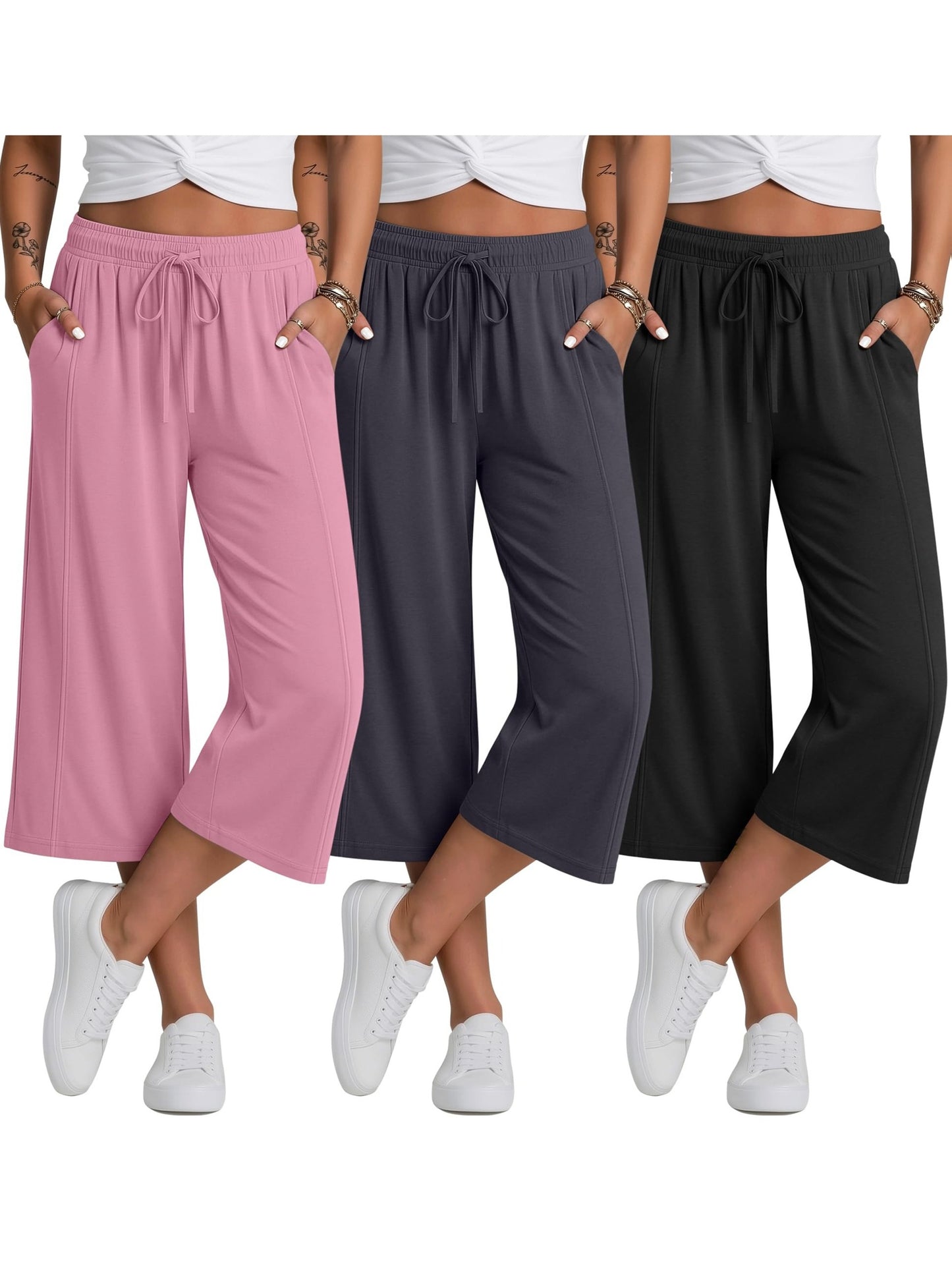Plus Size, 3pcs Plus Size Women's Capri Pants, Wide Leg Basic Sweatpants Lounge Loose Fit Casual Drawstring Capris with Pockets