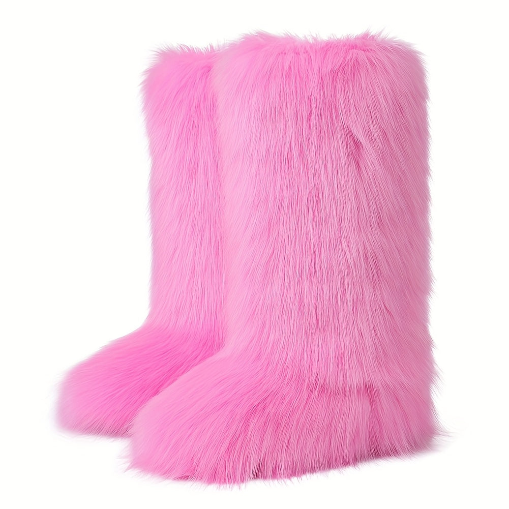 Women's Furry Fluffy Boot Faux Fur Long Snow Boot Knee High Boots Warm Comfortable Outdoor Flat Shoes, Women Shoes