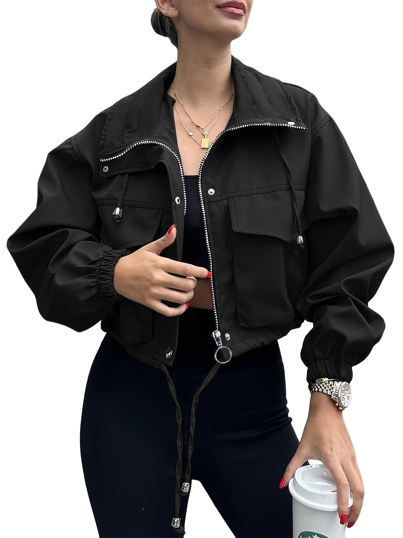 Women'S Cropped Jacket Zip Up Lightweight Oversized Utility Anorak Coat with Pockets
