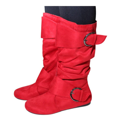 Women's Closed Round Toe Buckle Slouch Flat Heel Mid-Calf Boot