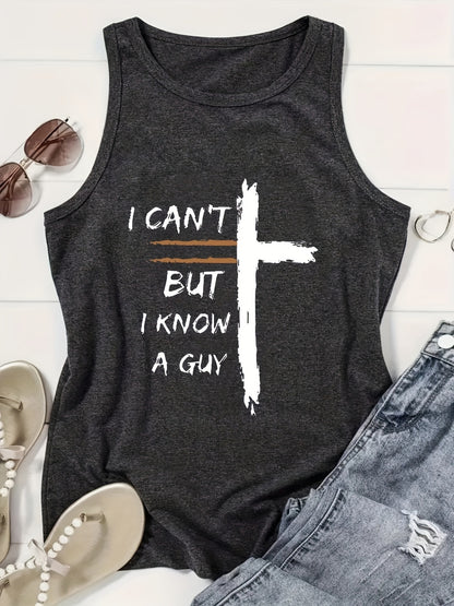 Print Tank Top, Casual Crew Neck Sleeveless Summer Tank Top, Women's Clothing