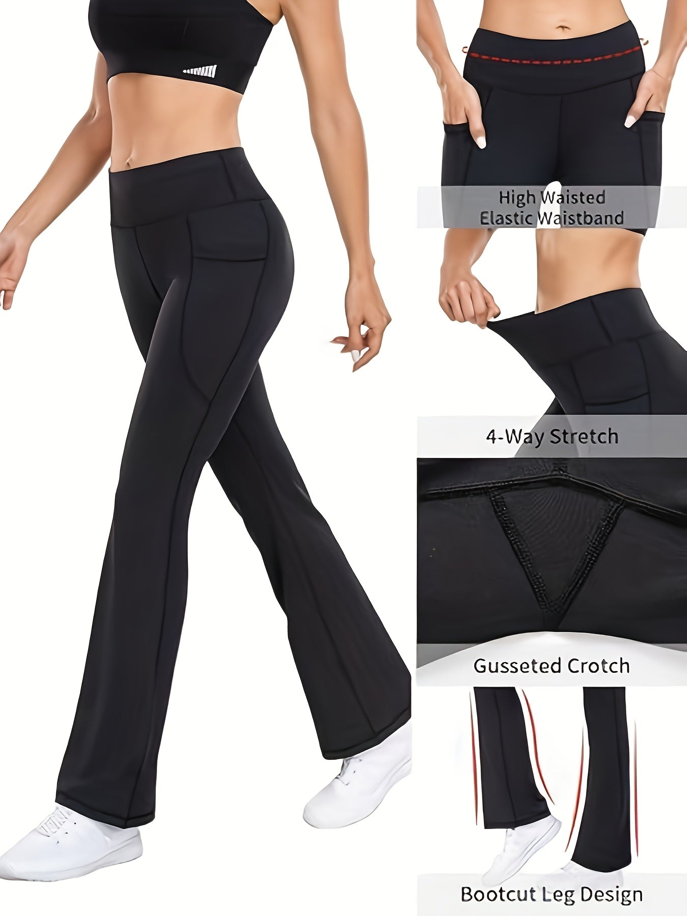 Set of 3 Ultra Comfortable High-Rise Flared Trousers - Women'S Tummy Shaping Bootcut Leggings Featuring Pockets