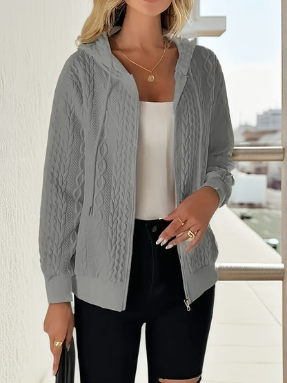 Women'S Casual Solid Zip-Up Hoodie - Fashionable Fall/Winter Long-Sleeve Outerwear, White Bomber Design, Textured Details, Casual Hoodie | Fashionable Zip-Up | Textured Detail Jacket