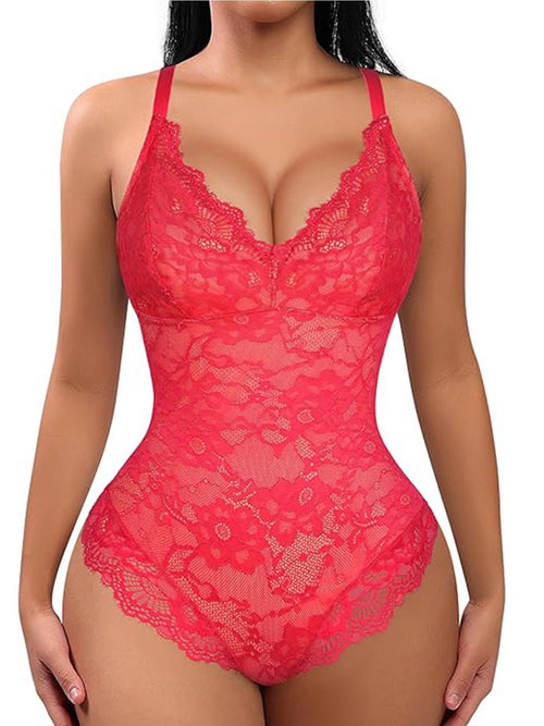 FeelinGirl Shapewear Bodysuits for Women Lace Shapewear Tummy Control V-Neck Sleeveless Bodysuit Tops Jumpsuit