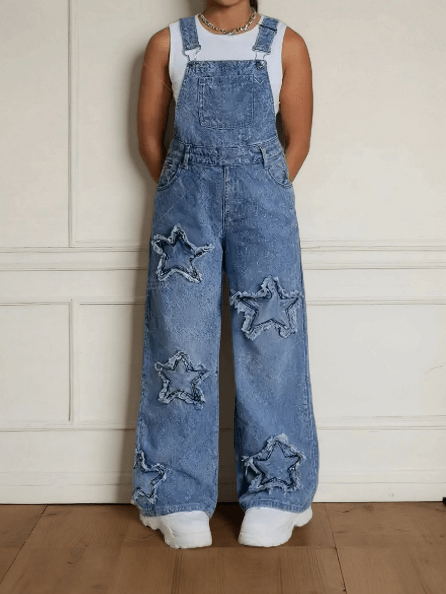Teen Girls' Wide-Leg Denim Overalls with Star Embroidery Everyday Outfits - Machine Washable Teen Loose Fit Long Denim Machine Washable All-Season Casual Jeans for Teens Durable Fabric, for Outdoor