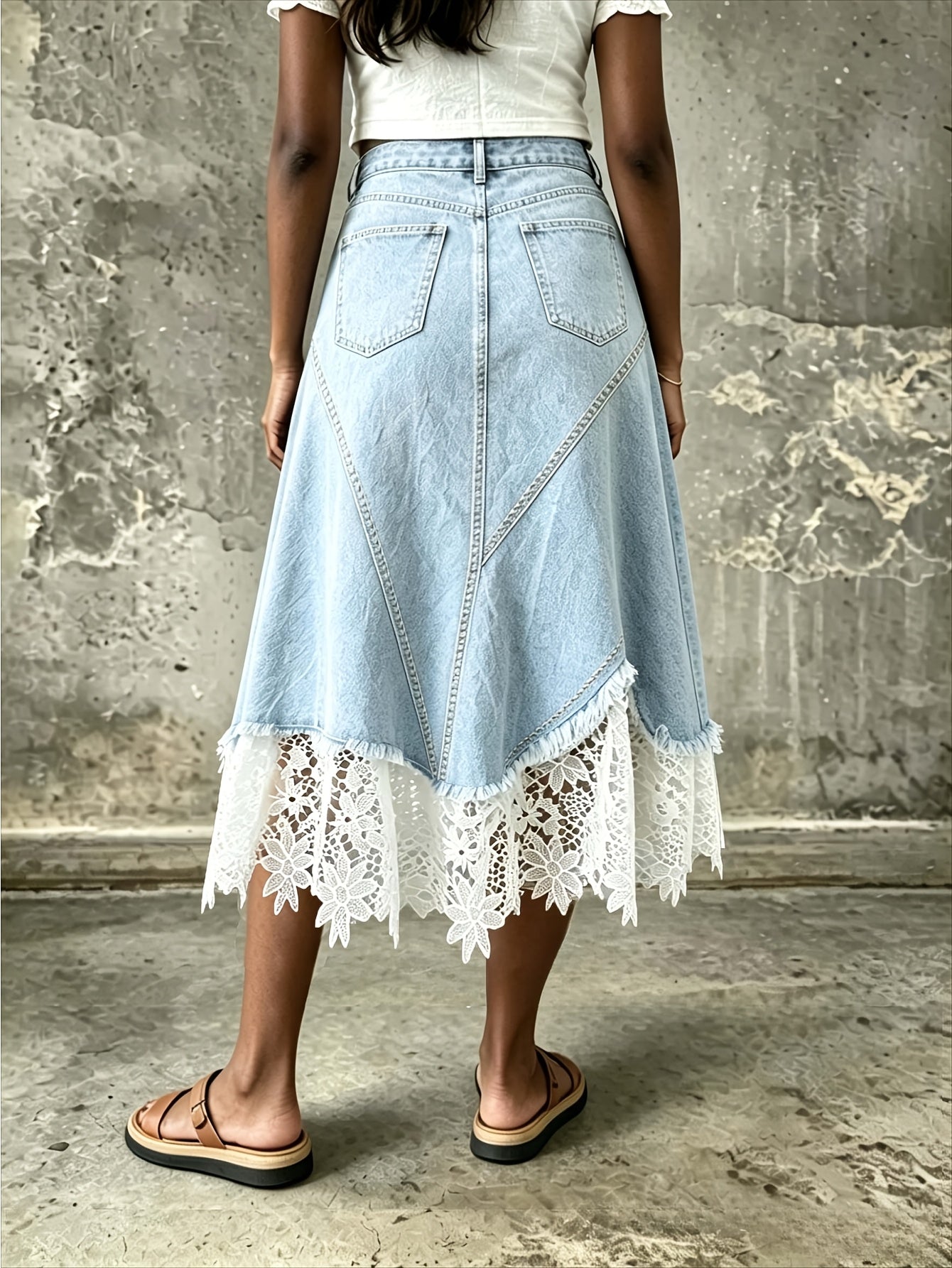 2026 New Summer Lace Splicing Cowboy Skirt, Women'S Big Umbrella Skirt, Elastic Medium Length Skirt, Slim Fit, Light and Mature Style