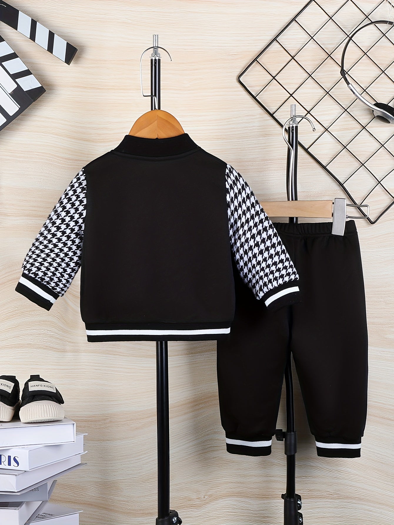 Toddler Boy's 2pcs Set, Crown Letter K Design Houndstooth Long Sleeve Jacket & Letter K Pants, Casual Comfy Set for Outdoor Activities And Daily Wear for Fall/Winter, Perfect for Outdoor