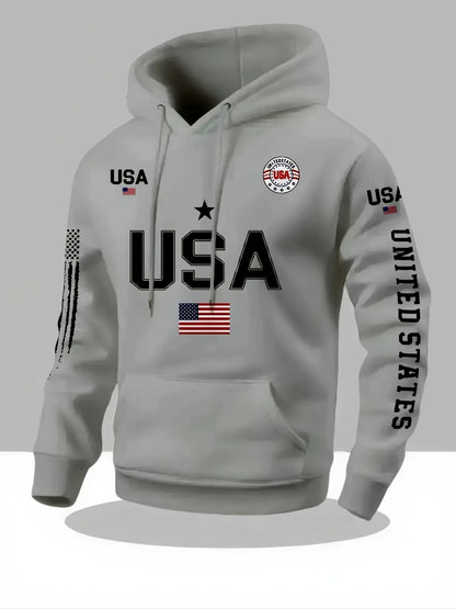 USA Flag Pattern Printed Hoodies, Men's Sweatshirts, United States Letter Printed Casual Knitted Fabric Pullovers for Both Men and Women, Student Couple Outfits, Fashionable Sweatshirts, Autumn and Winter Men's and Women's Sweatshirts