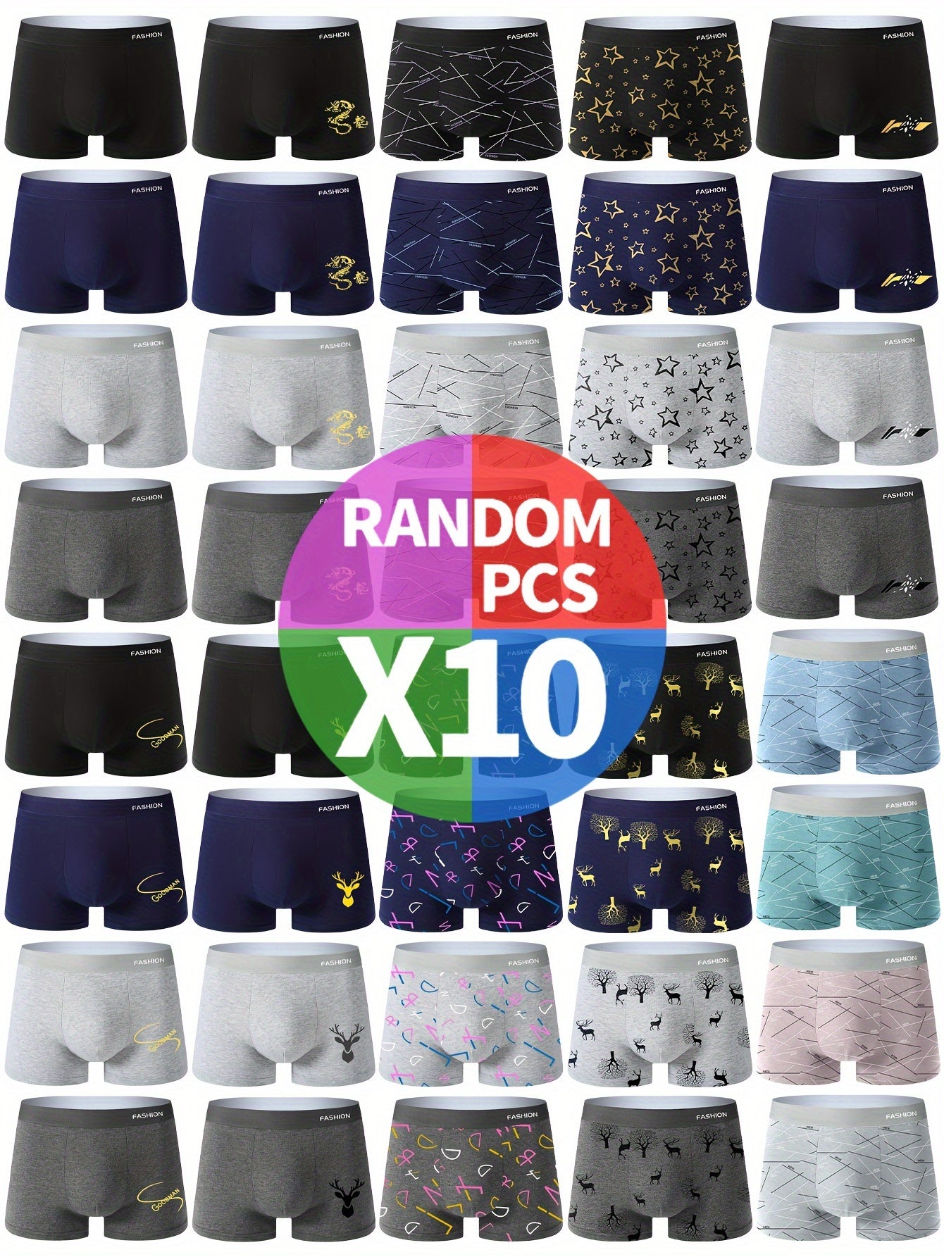 10pcs Men'S Boxer Briefs - High Elasticity Breathable Soft Comfortable Underwear with Random Prints (Solid, Geometric, Floral, Animal) for Daily Wear & Casual Outfits, Athletic Boxers | Playful Prints | Highelasticity Fabric