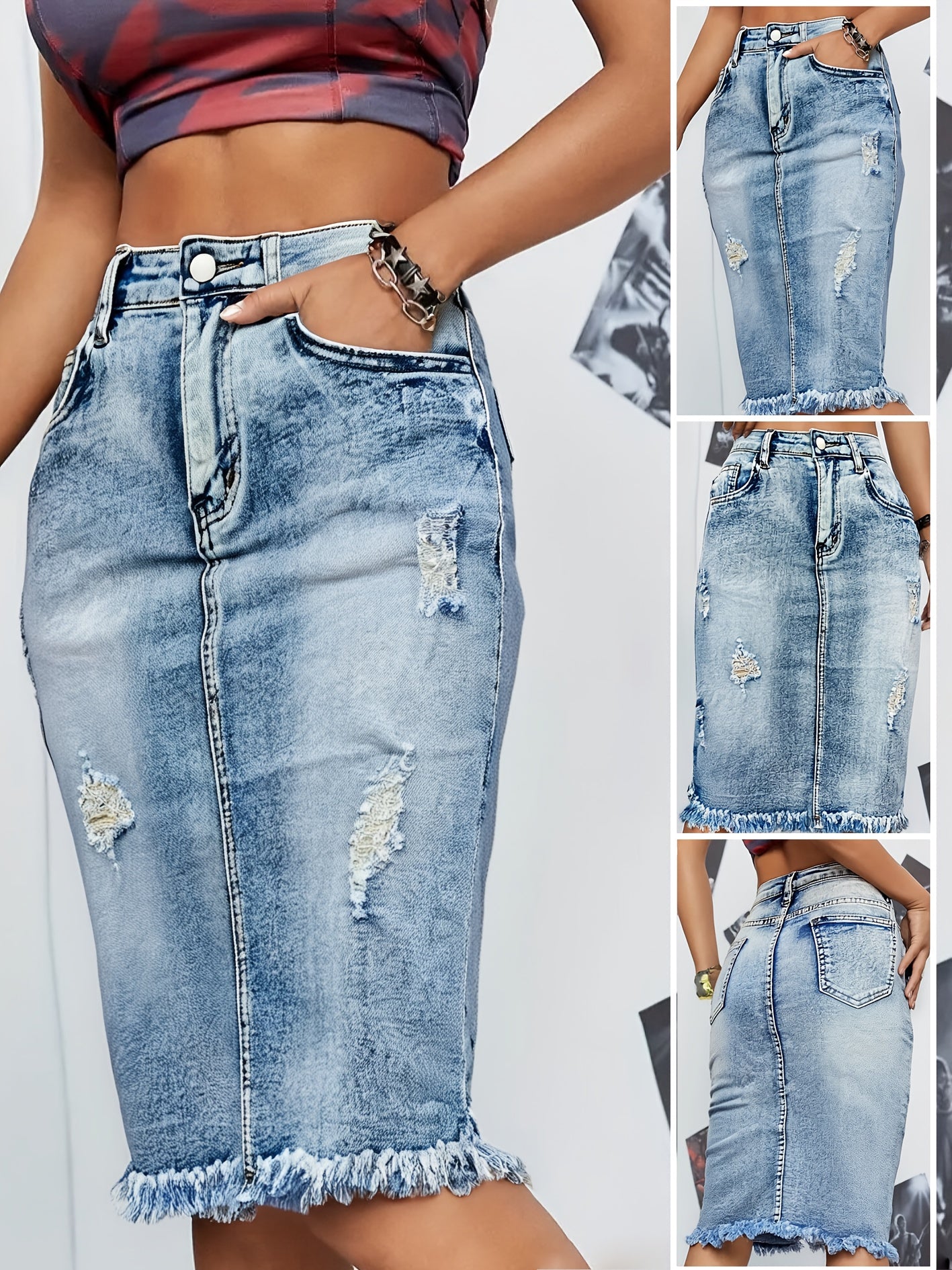 Knee-Length Women'S Denim Skirt Featuring Ripped Accents - Solid Blue with a Frayed Hem, Perfect for Casual Streetwear in Spring, Summer, And Fall. A Blend of Street And Elegant Fashion with Medium Elasticity