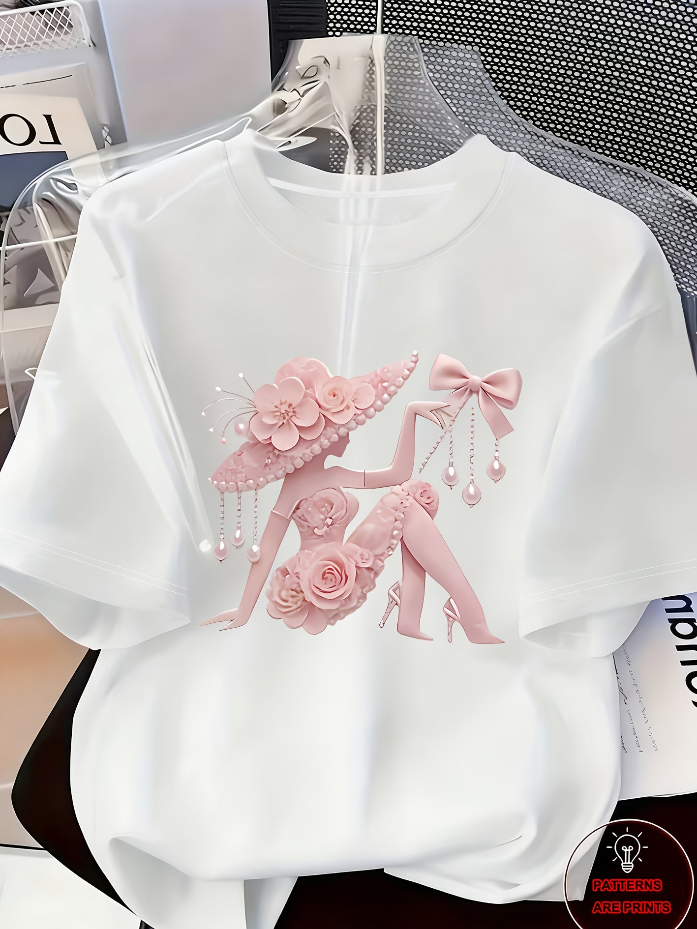 Elegant Light Luxury High-end Temperament Style Wear! Women's Printed T-Shirt-Pearl Diamond Jewelry Women's Design | Light Luxury Gorgeous Daily | Soft and Breathable Upper Body Fabric, Spring and Summer Casual Round Neck Short-sleeved Top