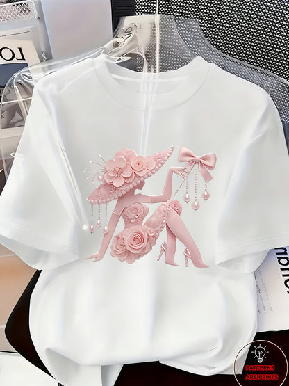 Elegant Light Luxury High-end Temperament Style Wear! Women's Printed T-Shirt-Pearl Diamond Jewelry Women's Design | Light Luxury Gorgeous Daily | Soft and Breathable Upper Body Fabric, Spring and Summer Casual Round Neck Short-sleeved Top