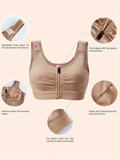 New Style Zip Front Closure Everyday Bra for Women Post Surgery Compression Support with Adjustable Straps Wirefree Wireless Full Coverage Comfort Everyday 84%Cotton 16%spandex Suitable for Post-surgery And Daily Out-of-home Exercise Yoga