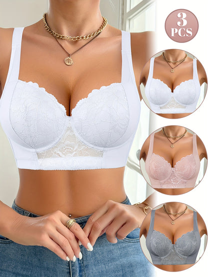 Elegant Lace Push-Up Bra 3pcs Set - Breathable, Non-Removable Padding, Solid Color with Contrast Lace Detailing, Underwire Support for Women