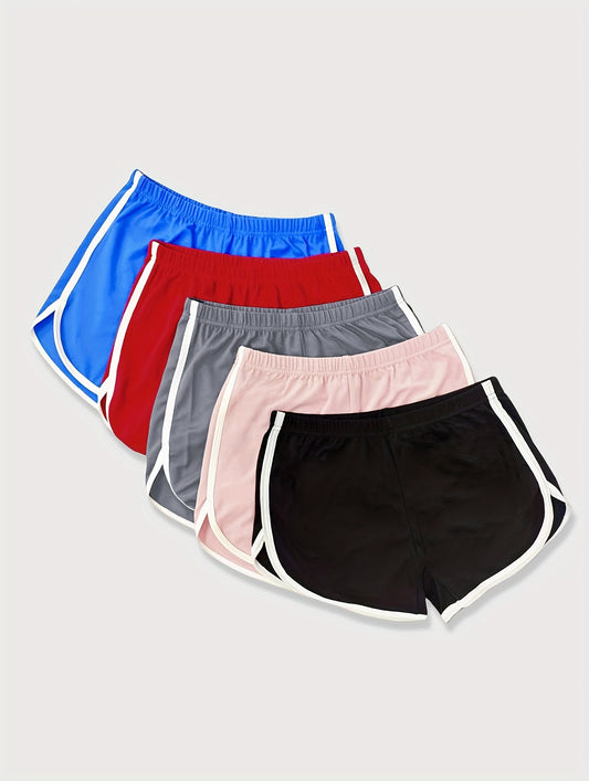 5pcs Set Of Women's Summer Sports Shorts, Yoga Fitness Casual 3-inch Pants, Multi-color Set, Outdoor Sports Pants, Lightweight, Quick Drying, Breathable, with White Stripe Design On The Side