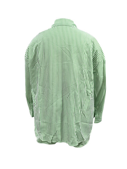 Plus Size Women's Chic Striped Print Two-Piece Set-Long Sleeve Button Shirt and Elastic Waist Shorts with Pockets, Perfect for Spring and Summer Fashion Casual Outings