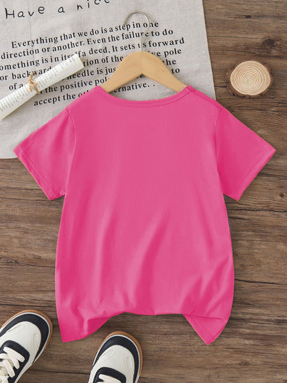 Fashion Girls' "SASSY SAURUS" Cartoon Letter Print Loose T-Shirt | Casual Summer Knit Top with Crew Neck, Slight Stretch Fabric, Regular Sleeves, Asymmetrical Hem - GOURD DOLL