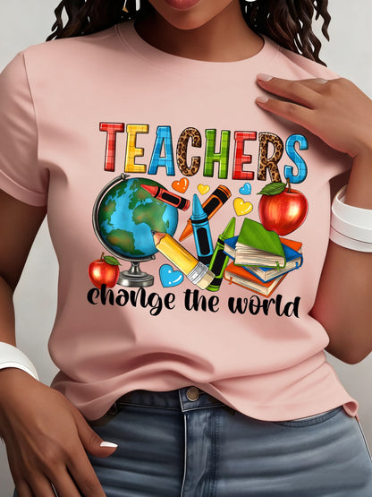 Round Neck Short Sleeve T-Shirt with a Teacher Pattern Print