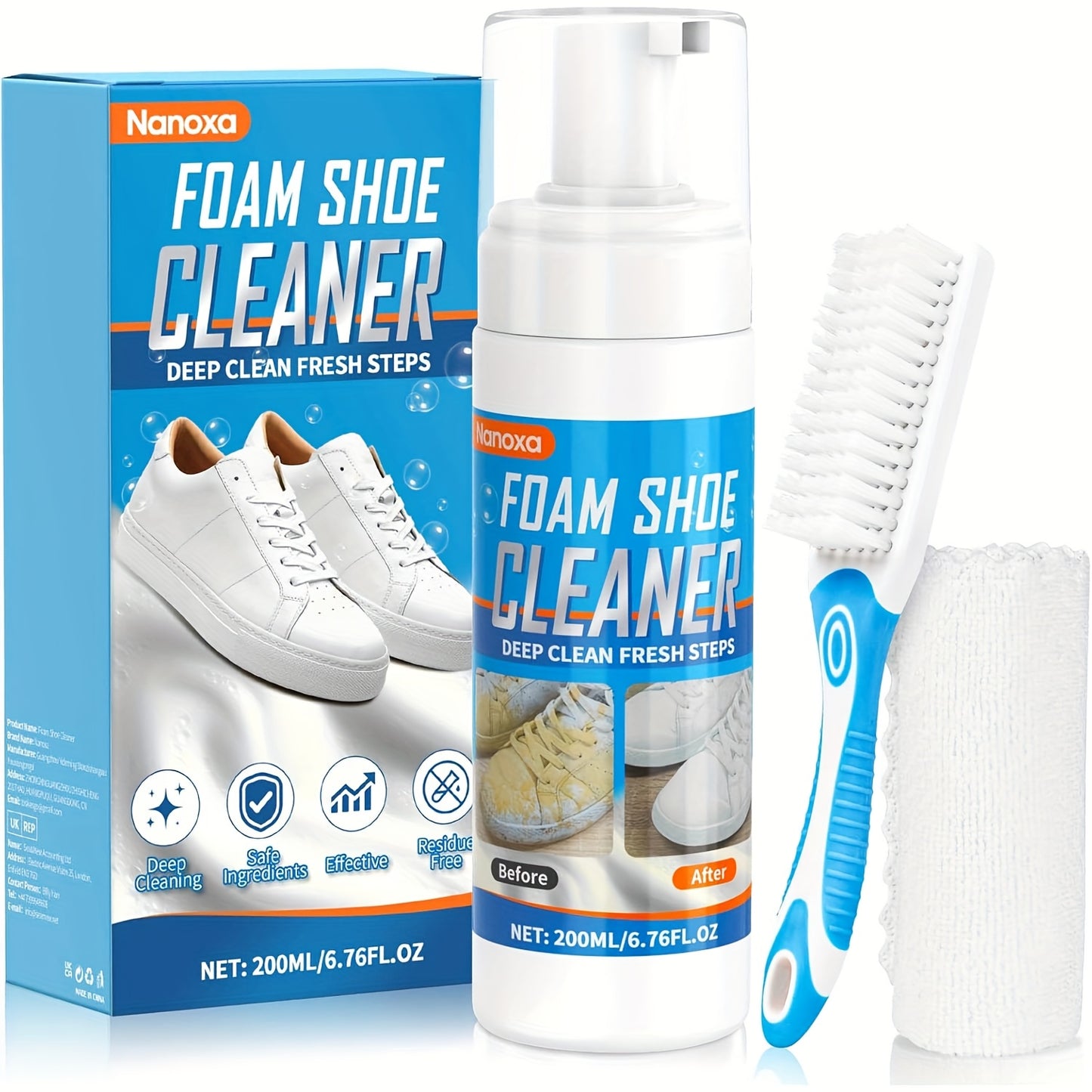 Shoe Cleaner, 6.76oz Premium White Shoe Cleaner with Shoe Brush & Towel, White Sneaker Cleaner Work On Leather, Knit, Canvas, Suede, PU
