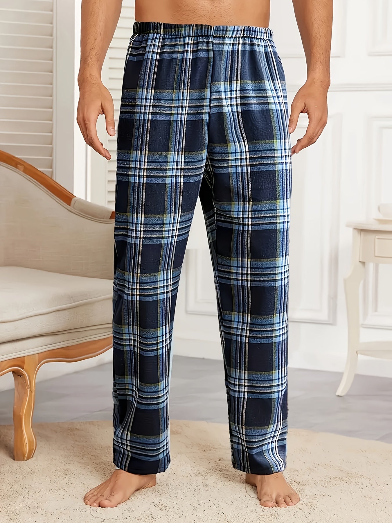 4pcs Set Sleep Pants Autumn and Winter Men's New Plaid Long Trousers Comfortable Lightweight Checkered Home Pants Loose Wearable 4-Strip Combination Elastic Waist Loungewear Soft Pants