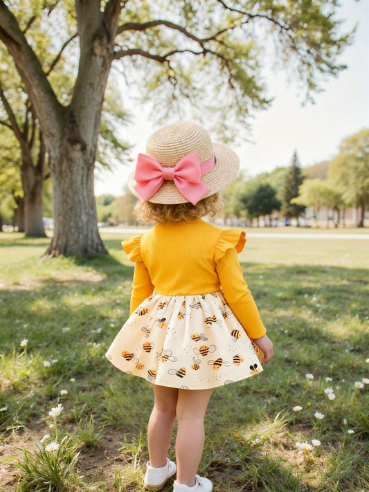 Adorable Bee Print Knee-Length Dress for Girls with Ruffled Long Sleeves & Cute Bow Detail - Soft Polyester Knit Fabric, Perfect for Fall/Spring, Flower Girl Dress