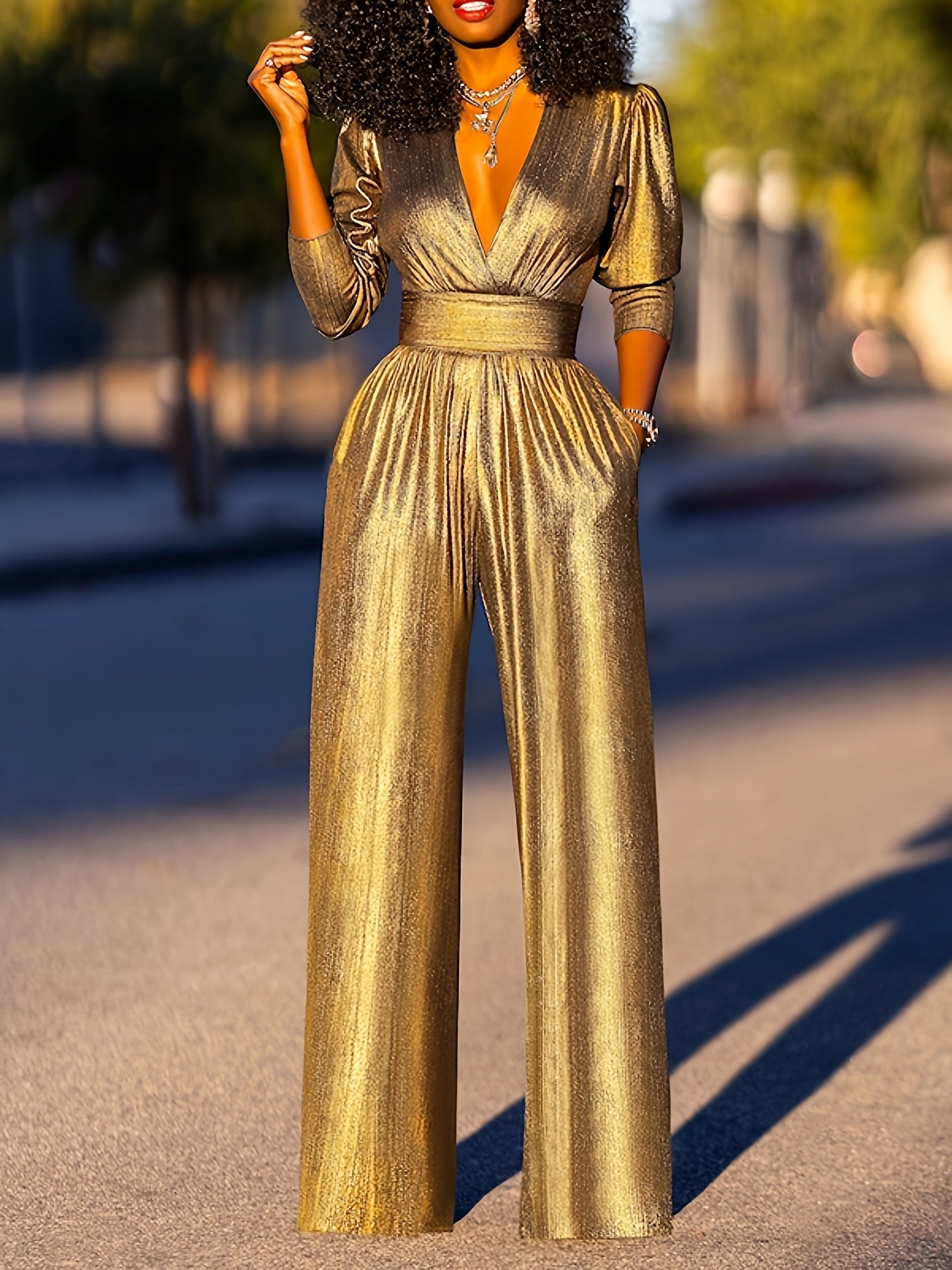 Women's Shiny Deep High Waist Wide- Jumpsuit - Elegant Three-Quarter Sleeve Bodysuit Suitable for Evening Weddings, Parties & Fall Outfits, Loose-Fit Trousers, Solid Color Full-Length Pants