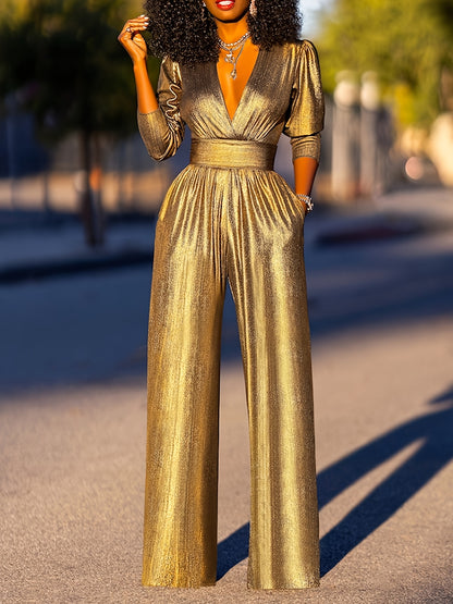 Women's Shiny Deep High Waist Wide- Jumpsuit - Elegant Three-Quarter Sleeve Bodysuit Suitable for Evening Weddings, Parties & Fall Outfits, Loose-Fit Trousers, Solid Color Full-Length Pants