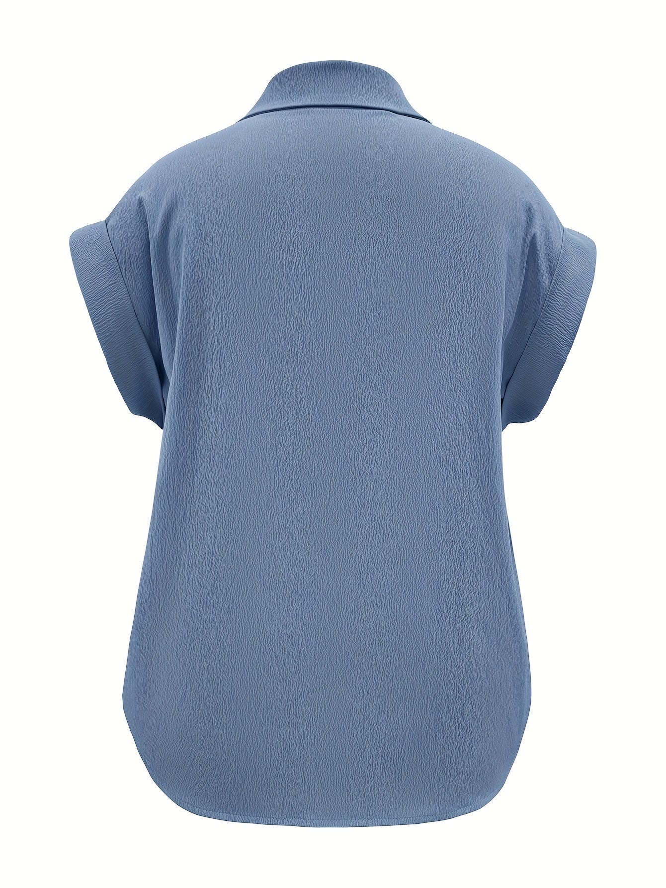 Plus Size - Plus Size - Spring And Summer Plus Size Women'S Elegant Solid Colour Short Sleeves Shirt - Blue, Button Design, Flap Collar, Smooth Fabric - Plus Size Shirt