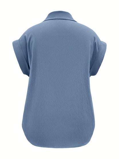 Plus Size - Plus Size - Spring And Summer Plus Size Women'S Elegant Solid Colour Short Sleeves Shirt - Blue, Button Design, Flap Collar, Smooth Fabric - Plus Size Shirt