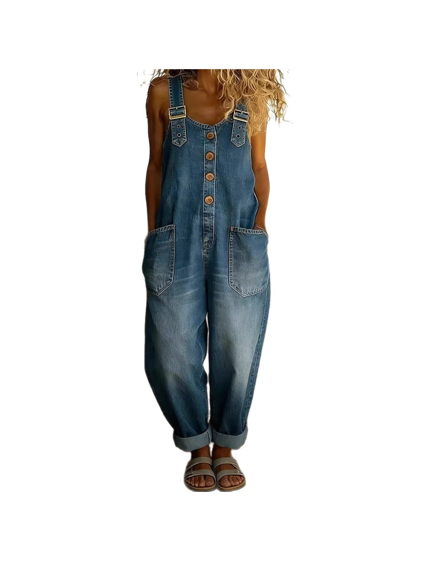 Retro Washed Loose Fit Denim Jumpsuit for Women Casual Adjustable Buckle Closure 2026