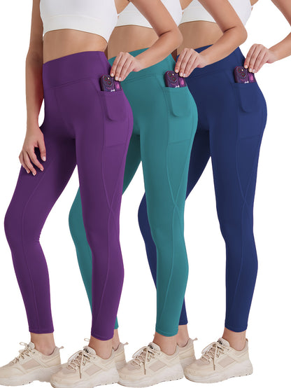 230g Women's Leggings Set of 3 High Waist Breathable with Pockets Compression Tights Multi-Color Suitable for All Seasons Daily Sports Fitness Yoga Shapewear