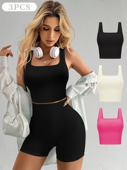 Set of Three Women'S Crop Tank Tops, Featuring a Seamless Ribbed Design, Sleeveless Square Neck, Perfect for Summer Workouts, And