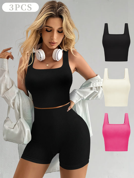Set of Three Women'S Crop Tank Tops, Featuring a Seamless Ribbed Design, Sleeveless Square Neck, Perfect for Summer Workouts, And