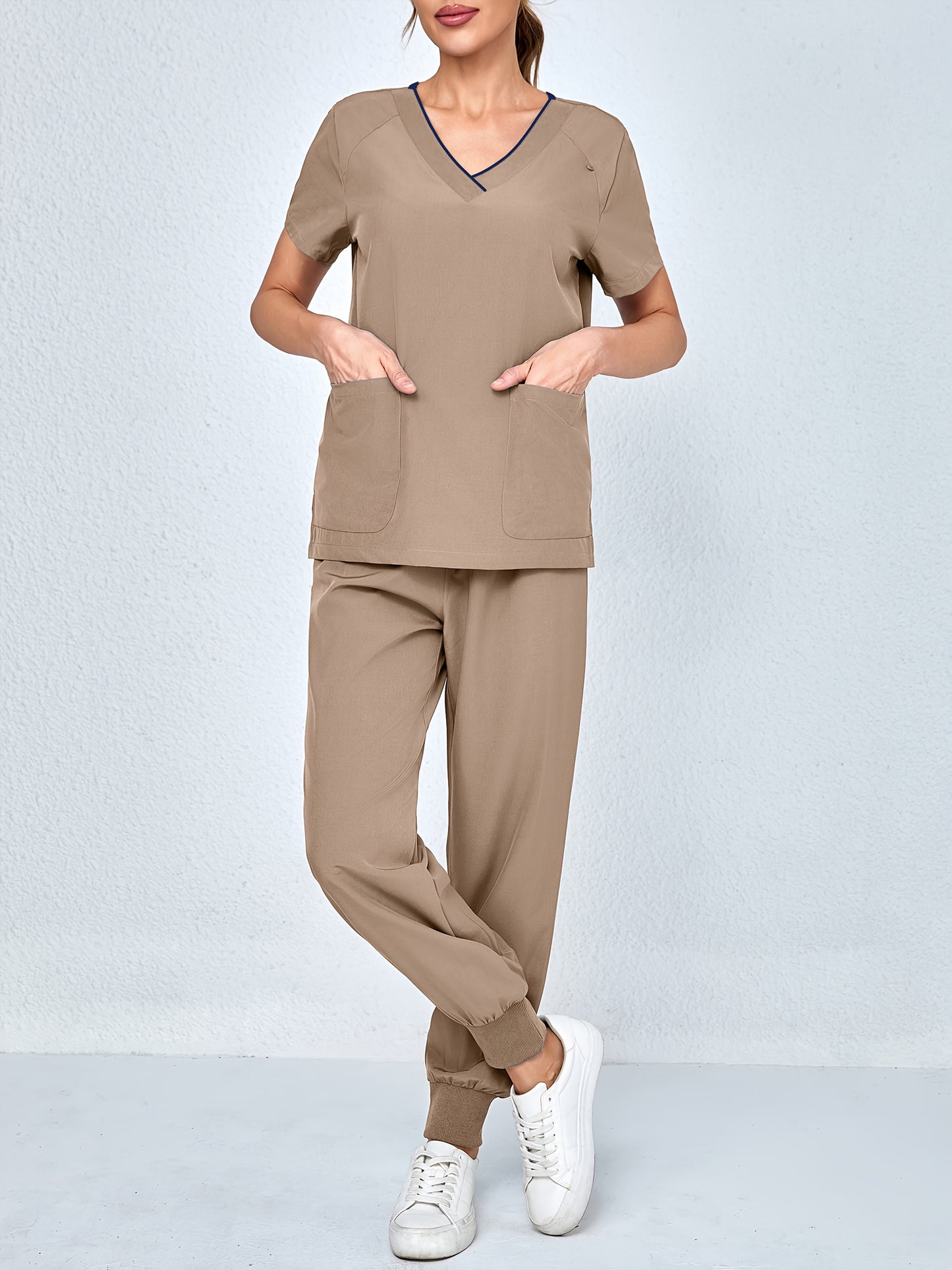 2pcs Set Of Top And Pants, Women's V-neck Frosted Breathable Pocket S Uniform, Brushed Hand Clothes, Work Clothes, Hand Washing Clothes, Pocket Clothes, Leg Binding Pants Set