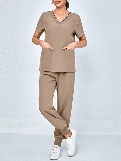 2pcs Set Of Top And Pants, Women's V-neck Frosted Breathable Pocket S Uniform, Brushed Hand Clothes, Work Clothes, Hand Washing Clothes, Pocket Clothes, Leg Binding Pants Set
