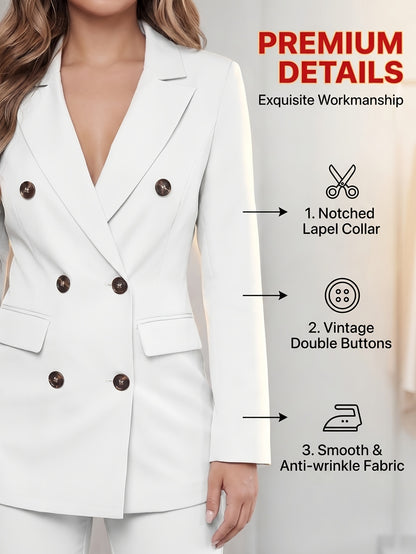 2pcss Blazer Set Pantsuit Women Double Breasted Blazer Set Formal 2pcss Pantsuit For Office Work, Long Sleeve Business Suit Slim Fit Double Breasted Suit For Business Meetings Corporate Office