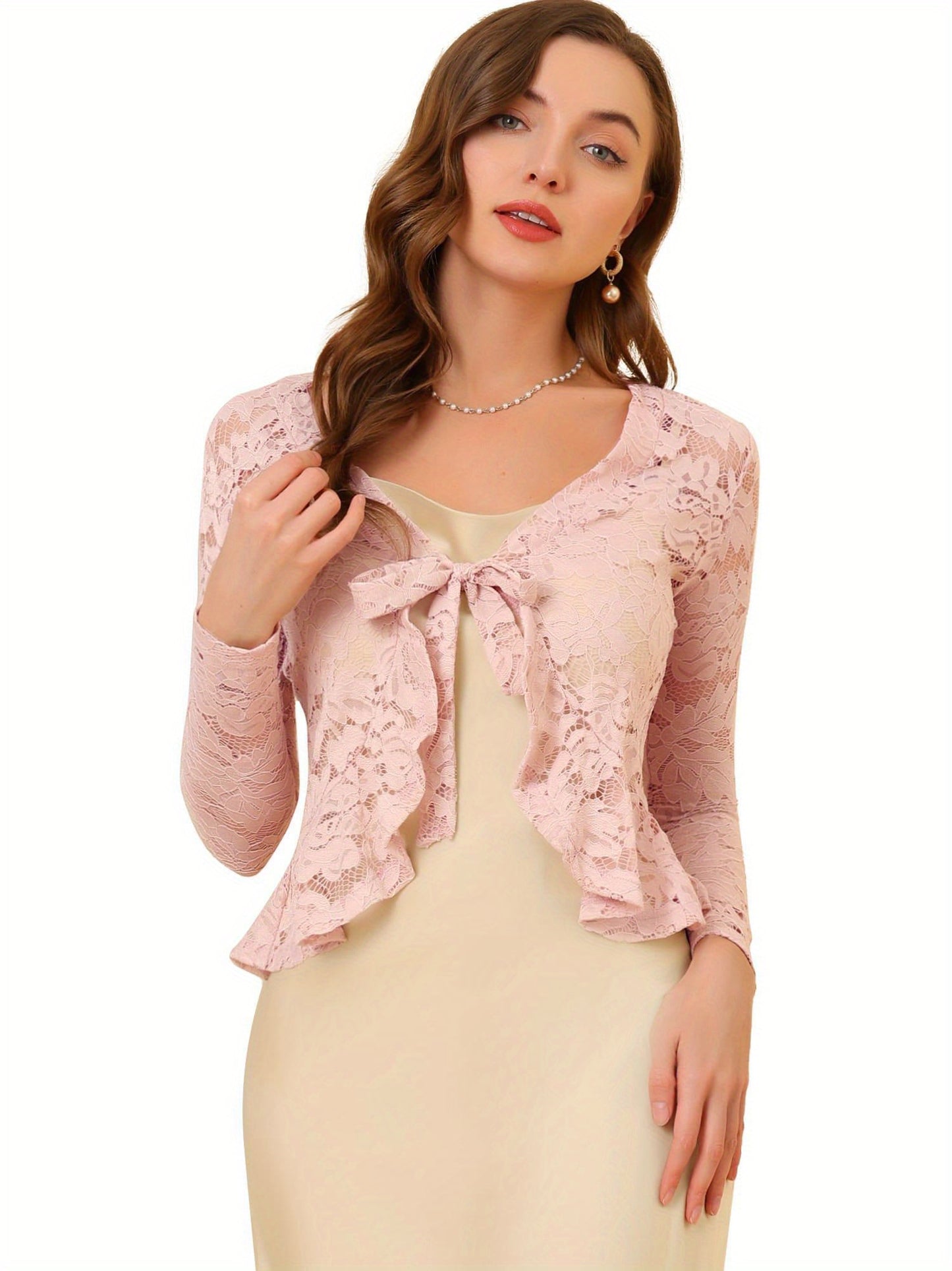Women's Sheer Crop Bolero Cardigan - Semi-Sheer Lace Shrug with Ruffled Hem & Tie-Front Closure, Blouse for Sleeveless Dresses/Tank Tops (Machine Washable, Spring/Summer Wedding/Office/Cardigan) - 90% Nylon/10% Spandex