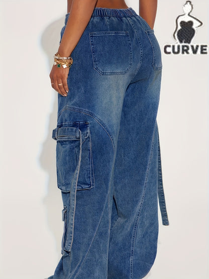 Large Sized Multi Pocket Waist And Headband with Elastic Drawstring Denim Workwear Pants