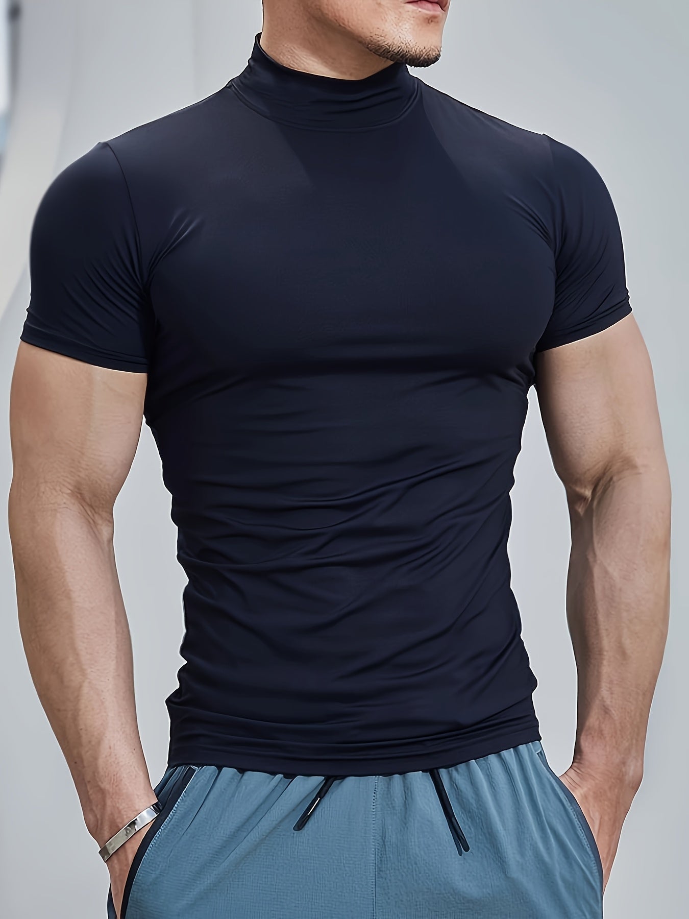 5pcs Men's Mock Neck Compression T-Shirts, Slim Fit Quick-Dry Athletic Tees, Breathable Polyester Workout Shirts for Gym, Training, Cycling, Running & Casual Outdoor Sports