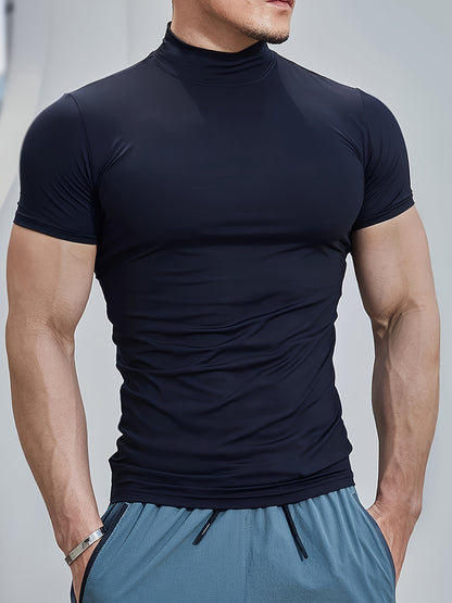 5pcs Men's Mock Neck Compression T-Shirts, Slim Fit Quick-Dry Athletic Tees, Breathable Polyester Workout Shirts for Gym, Training, Cycling, Running & Casual Outdoor Sports