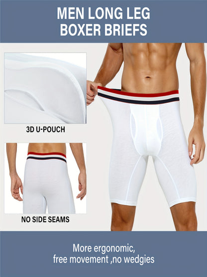 4pcs Men's Long Leg Cotton Underwear Total Support Pouch Boxer Briefs with Open Fly Pouch, Men's Cycling Sports Wear Bottoms, Moisture Wicking & Breathable Slimming Shapewear Body Shape for Men