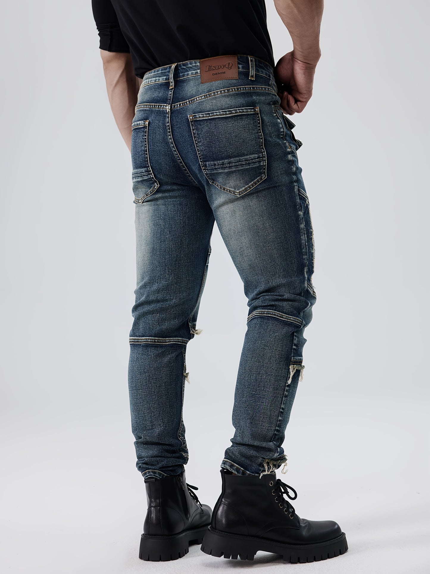 ESDVQ Men's Fashion Patchwork Vintage Washed Jeans - Slim Fit, Stretch Denim with Pockets, Casual Style, Machine Washable - Dark Blue with Light Blue & Black Accents